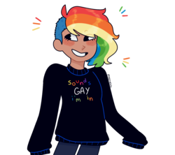 Size: 900x800 | Tagged: safe, artist:mochietti, rainbow dash, human, g4, alternate hairstyle, blushing, clothes, female, humanized, implied lesbian, jeans, oversized clothes, pants, sidecut, simple background, solo, sweater, transparent background