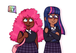 Size: 697x486 | Tagged: safe, artist:mochietti, pinkie pie, twilight sparkle, human, g4, bag, blushing, book, clothes, dark skin, female, glasses, humanized, lesbian, open mouth, school uniform, ship:twinkie, shipping, simple background, skirt, sweater, white background