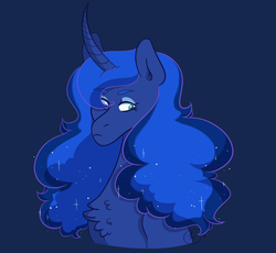 Size: 2500x2300 | Tagged: safe, artist:johnathan-leviathan, princess luna, pony, g4, alternate design, alternate hairstyle, bust, curved horn, ethereal mane, female, galaxy mane, high res, horn, solo