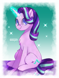 Size: 720x952 | Tagged: safe, artist:krisscheen, starlight glimmer, pony, unicorn, g4, chest fluff, cute, female, glimmerbetes, glowing horn, horn, looking at you, mare, sitting, smiling, solo