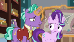 Size: 902x508 | Tagged: safe, screencap, firelight, starlight glimmer, pony, unicorn, g4, the parent map, animated, annoyed, blanket, clothes, duo, father and daughter, female, glowing horn, headscarf, horn, magic, male, mare, scarf, stallion, telekinesis