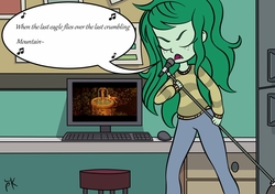 Size: 2893x2039 | Tagged: safe, artist:pony4koma, wallflower blush, equestria girls, g4, america (band), battle of the bands, blushing, embarrassed, exploitable meme, high res, lyrics, meme, microphone, singing, song, song reference, text, the last unicorn