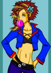 Size: 6000x8614 | Tagged: safe, artist:takrontoxicity, sunset shimmer, equestria girls, g4, absurd resolution, alternate hairstyle, belly button, belt, breasts, bubblegum, cleavage, clothes, female, food, gum, jacket, looking at you, midriff, open jacket, pants, solo