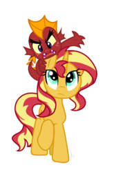 Size: 800x1214 | Tagged: safe, artist:emositecc, garble, sunset shimmer, dragon, pony, unicorn, g4, alternate universe, dragons riding ponies, duo, female, garble riding sunset shimmer, male, mare, riding, simple background, transparent background