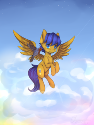 Size: 1290x1725 | Tagged: safe, artist:mikanskii, oc, oc only, oc:crushingvictory, bird, pegasus, pony, chibi, detailed wings, flying, full color, in air, male, robin, shading, smiling, solo, stallion, ych result