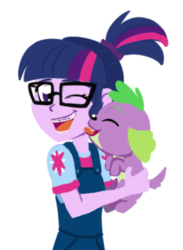 Size: 366x500 | Tagged: safe, artist:verumtee, sci-twi, spike, spike the regular dog, twilight sparkle, dog, comic:sparkling shimmer, equestria girls, g4, braces, cute, cutie mark on clothes, licking, licking lips, simple background, tongue out, transparent background, twiabetes