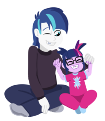 Size: 610x700 | Tagged: safe, artist:verumtee, alumnus shining armor, sci-twi, shining armor, twilight sparkle, comic:sparkling shimmer, equestria girls, g4, braces, brother and sister, cute, female, male, pigtails, shining adorable, simple background, sparkle siblings, transparent background, twiabetes, younger