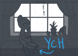 Size: 2710x1959 | Tagged: safe, artist:hawthornss, pony, commission, food, monochrome, mug, solo, tea, text, underhoof, window, your character here