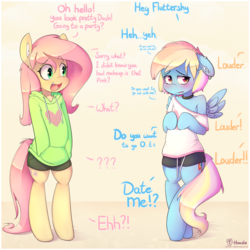 Size: 3333x3333 | Tagged: safe, artist:hoodie, fluttershy, rainbow dash, pegasus, pony, semi-anthro, bipedal, blushing, care mare, clothes, collar, cute, dashabetes, duo, embarrassed, female, flutterdash, hoodie, lesbian, mare, offscreen character, personality swap, shipping, shirt, shorts, shy, shy dashie, shyabetes, text