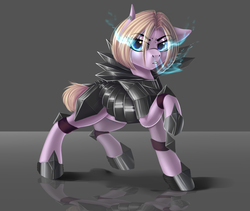 Size: 1024x866 | Tagged: dead source, safe, artist:freckleplant, oc, oc only, earth pony, pony, armor, eye clipping through hair, female, glowing eyes, hoof shoes, mare, raised hoof, reflection, solo, sombra eyes