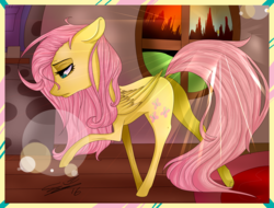 Size: 2048x1556 | Tagged: safe, artist:siena1923, fluttershy, pegasus, pony, g4, cutie mark, female, folded wings, lens flare, lidded eyes, looking down, mare, profile, solo, stray strand, tired, walking, window