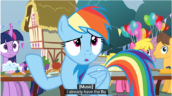 Size: 707x396 | Tagged: safe, screencap, caramel, cherry berry, rainbow dash, twilight sparkle, alicorn, earth pony, pegasus, pony, g4, secrets and pies, apple, balloon, building, caption win, confused, female, flu, food, harsher in hindsight, influenza, male, mare, meme, pies, ponyville, stallion, twilight sparkle (alicorn), youtube caption
