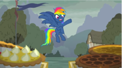 Size: 706x396 | Tagged: safe, screencap, rainbow dash, pegasus, pony, g4, secrets and pies, adorapiehater, angry, cart, cloud, cute, evil pie hater dash, female, flag, flying, food, great moments in animation, house, madorable, mare, pie, ponyville, raised hoof, solo, tree