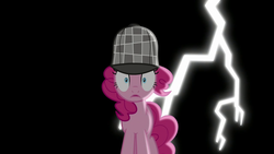 Size: 1280x720 | Tagged: safe, screencap, pinkie pie, earth pony, g4, secrets and pies, black background, deerstalker, detective, hat, lightning, sherlock pie, shocked, simple background