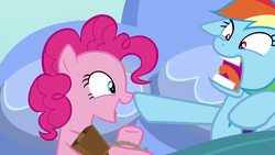 Size: 1280x720 | Tagged: safe, screencap, pinkie pie, rainbow dash, g4, secrets and pies, bed, bell, cowbell, faic, morning ponies, out of context, pillow, rainbow dash is best facemaker, sheet, smiling, startled