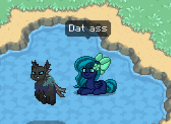 Size: 1009x736 | Tagged: safe, oc, oc:midnight mist, changeling, pegasus, pony, pony town, dat ass, flying, lake, lying down, meme, water