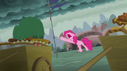 Size: 1280x720 | Tagged: safe, screencap, pinkie pie, earth pony, pony, g4, secrets and pies, bridge, cart, cloud, female, flag, mare, overcast, pies, ponyville, raised hoof, roleplay in the comments, screaming, solo, tree, yelling