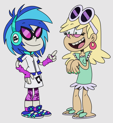 Size: 1812x1960 | Tagged: safe, artist:itoruna-the-platypus, dj pon-3, vinyl scratch, human, equestria girls, g4, clothes, crossover, duo, duo female, ear piercing, earring, female, fingerless gloves, glasses, gloves, headphones, jewelry, leni loud, nickelodeon, open mouth, piercing, sandals, shoes, smiling, sneakers, style emulation, sunglasses, the loud house