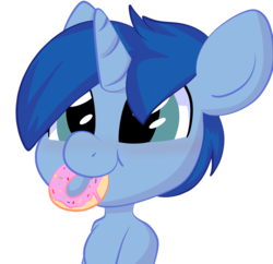 Size: 3006x2912 | Tagged: safe, artist:donutnerd, oc, oc only, oc:party wagon, pony, unicorn, blue mane, blushing, cute, donut, food, high res, male, ocbetes, simple background, smiling, stallion, white background