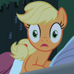 Size: 563x563 | Tagged: safe, screencap, applejack, earth pony, pony, family appreciation day, g4, season 2, bed, blanket, cropped, female, mare, missing accessory, pillow, shocked, shocked expression, solo