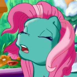 Size: 500x500 | Tagged: safe, screencap, minty, pony, g3, my little pony: a very minty christmas, cropped, eyes closed, female, invisible stallion, mare, open mouth, out of context, solo