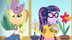 Size: 1280x720 | Tagged: safe, screencap, applejack, sci-twi, spike, spike the regular dog, twilight sparkle, dog, equestria girls, equestria girls series, g4, my little shop of horrors, apple, apron, belt, bowtie, celestia's house, clothes, cowboy hat, denim skirt, eyes closed, falling, flower, food, freckles, geode of super strength, geode of telekinesis, glasses, gloves, hat, magical geodes, plants, ponytail, skirt, stetson, watering can, wet, wet hair