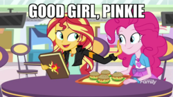 Size: 3416x1920 | Tagged: safe, edit, edited screencap, screencap, pinkie pie, sunset shimmer, equestria girls, equestria girls specials, g4, my little pony equestria girls: mirror magic, book, burger, chair, discovery family logo, female, food, friendship, geode of empathy, geode of sugar bombs, hamburger, journal, kindness, magical geodes, petting, smiling, storefront, table, television