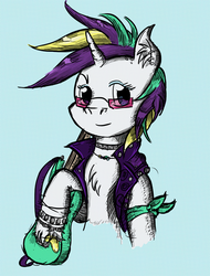 Size: 721x950 | Tagged: safe, artist:dreamingnoctis, rarity, pony, unicorn, g4, it isn't the mane thing about you, alternate hairstyle, blue background, chest fluff, clothes, female, guitar, punk, raripunk, simple background, smiling, solo, sunglasses