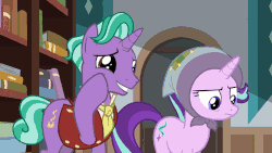 Size: 902x508 | Tagged: safe, edit, edited screencap, screencap, firelight, starlight glimmer, pony, unicorn, g4, the parent map, animated, annoyed, blanket, clothes, father and daughter, female, gif, glowing horn, headscarf, horn, magic, male, mare, reversed, scarf, stallion, telekinesis