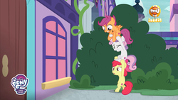 Size: 1920x1080 | Tagged: safe, screencap, apple bloom, scootaloo, sweetie belle, earth pony, pegasus, pony, unicorn, g4, marks for effort, cutie mark crusaders, female, filly, french, my little pony logo, pony pile, tfou, tower of pony, trio