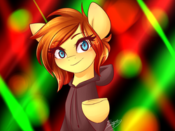 Size: 500x375 | Tagged: safe, artist:sugarberry, oc, oc only, oc:firefox, pony, ask-firefox, browser ponies, clothes, cute, female, hoodie, lights, looking at you, mare, raised hoof, reaching, smiling, solo