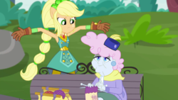 Size: 1280x720 | Tagged: safe, screencap, applejack, pearly stitch, equestria girls, g4, my little pony equestria girls: better together, super squad goals, bag, bench, clothes, crystal guardian, female, geode of super strength, gloves, hat, knitting, knitting needles, magical geodes, park, ponied up, ponytail, purse, sitting, yarn