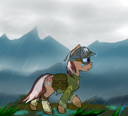 Size: 1280x1164 | Tagged: safe, artist:frecklesfanatic, oc, oc only, oc:roulette, earth pony, pony, fallout equestria, clothes, female, goggles, mare, military, ncr, rain, saddle bag, solo