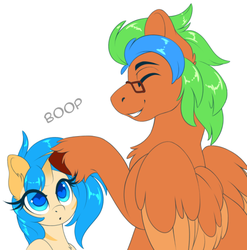 Size: 540x547 | Tagged: safe, artist:silkensaddle, oc, oc:summer lights, oc:valkyrie (zebracorn), pegasus, pony, unicorn, boop, eyes closed, female, glasses, male, mare, simple background, stallion, unshorn fetlocks, white background