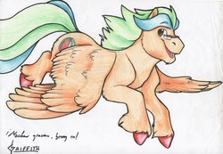 Size: 922x637 | Tagged: safe, artist:griffith, oc, oc:summer lights, pegasus, pony, flying, glasses, spanish, traditional art, unshorn fetlocks, wings