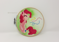 Size: 1500x1076 | Tagged: safe, artist:hipsterowlet, pinkie pie, earth pony, pony, g4, embroidery, irl, photo, smiling, solo, traditional art