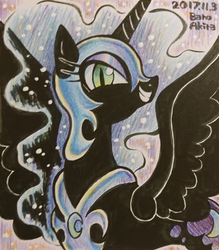 Size: 517x591 | Tagged: safe, artist:akira bano, edit, nightmare moon, alicorn, pony, g4, female, grin, helmet, mare, slit pupils, smiling, solo, spread wings, traditional art, wings