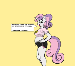 Size: 3600x3200 | Tagged: safe, artist:cosmonaut, artist:pacificside18, sweetie belle, anthro, unguligrade anthro, g4, clothes, cutie mark, dialogue, high res, older, preggy belle, pregnant, shorts, tight clothing, wardrobe malfunction