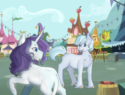 Size: 1024x773 | Tagged: safe, artist:uniquecolorchaos, double diamond, rarity, pony, g4, barrel, diamond duo, female, male, shipping, story included, straight