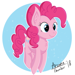 Size: 2750x2750 | Tagged: safe, artist:arcane-thunder, pinkie pie, earth pony, pony, g4, abstract background, chest fluff, digital art, female, high res, jumping, mare, pronking, signature, smiling, solo