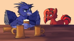 Size: 1600x900 | Tagged: safe, artist:kittytitikitty, oc, oc only, griffon, pony, alcohol, beer, commission, duo, female, male, red and black oc
