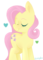 Size: 845x1174 | Tagged: safe, artist:frog-dom, fluttershy, pony, g4, eyes closed, female, heart, mare, simple background, smiling, solo, standing, transparent background, turned head, wingless