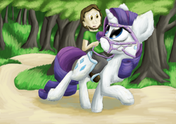 Size: 3016x2129 | Tagged: safe, artist:firefanatic, rarity, human, pony, unicorn, g4, bridle, female, fluffy, forest, high res, humans riding ponies, male, mare, riding, saddle, tack