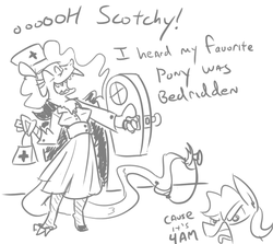 Size: 547x489 | Tagged: safe, artist:jargon scott, discord, fluttershy, draconequus, pegasus, pony, g4, angry, animaniacs, black and white, butterscotch, eris, grayscale, monochrome, nurse, nurse outfit, pointy boobs, rule 63, sketch