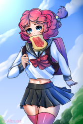 Size: 600x900 | Tagged: dead source, safe, artist:draltruist, pinkie pie, human, g4, backpack, belly button, bread, clothes, cloud, cute, diapinkes, female, food, humanized, long socks, microskirt, midriff, miniskirt, mouth hold, running, sailor uniform, school uniform, schoolgirl, schoolgirl toast, skirt, sky, socks, solo, speedpaint available, thigh highs, thigh socks, toast, zettai ryouiki