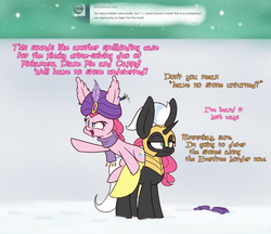 Size: 2200x1900 | Tagged: safe, artist:heir-of-rick, pinkie pie, oc, oc:captain, earth pony, pony, unicorn, miss pie's monsters, g4, ask, clothes, dialogue, duo, ear fluff, female, impossibly large ears, mare, ponies riding ponies, raised hoof, riding, royal guard, scarf, snow, tumblr, turban
