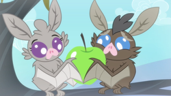 Size: 1280x720 | Tagged: safe, screencap, bat, vampire fruit bat, bats!, g4, apple, cute, duo, food, stop the bats, tree