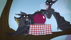 Size: 1280x720 | Tagged: safe, screencap, bat, vampire fruit bat, bats!, g4, season 4, apple, duo, fangs, food, fork, knife, open mouth, spread wings, stop the bats, table, tablecloth, tree, tree branch, wing claws, wings