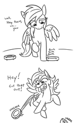Size: 752x1240 | Tagged: safe, artist:jargon scott, rainbow dash, pegasus, pony, g4, about to have tail sucked into a roomba, biting, black and white, bonk, comic, confused, dialogue, female, flying, frown, grayscale, mare, monochrome, open mouth, raised eyebrow, raised hoof, raised leg, roomba, roombadash, roombashy, screaming, simple background, slice of life, solo, spread wings, surprised, tail, tail bite, tail pull, tongue out, vrrr, white background, wide eyes, wings