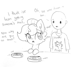 Size: 1535x1440 | Tagged: safe, artist:tjpones, oc, oc only, oc:brownie bun, oc:richard, earth pony, human, pony, horse wife, breaking the fourth wall, dialogue, female, grayscale, human male, lineart, male, mare, meta, monochrome, roomba, simple background, traditional art, vrrr, white background